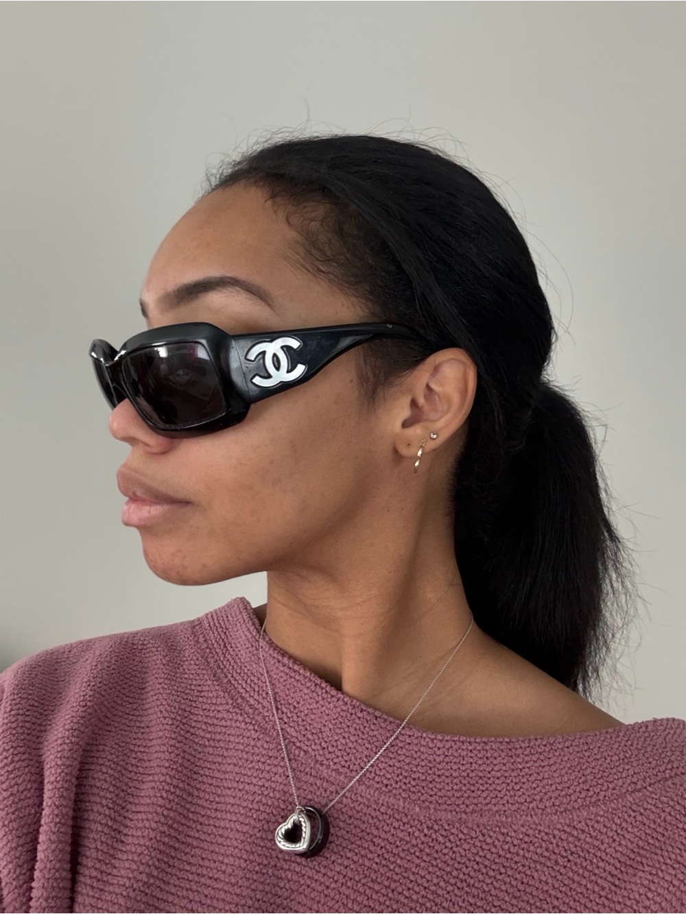 Vintage CHANEL 5076-H RARE Mother of Pearl Black Oversized Rectangular Sunglasse